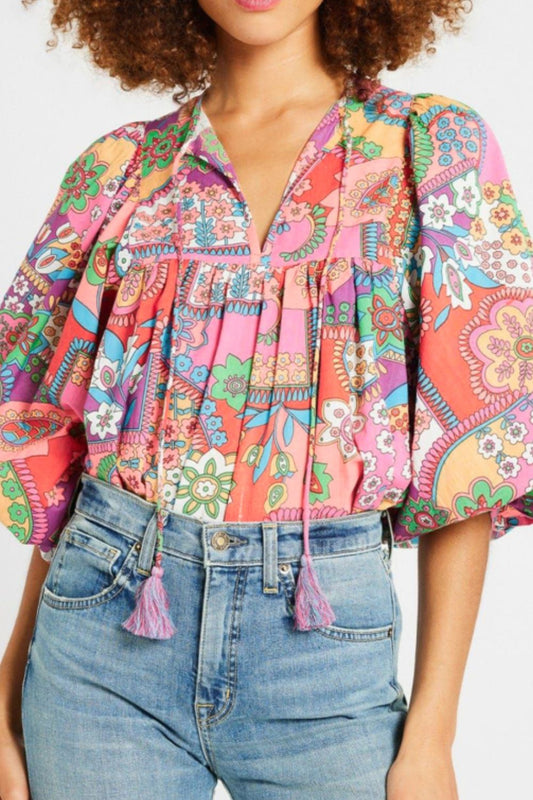 Printed Tie Neck Three-Quarter Sleeve Blouse - Classique Collection
