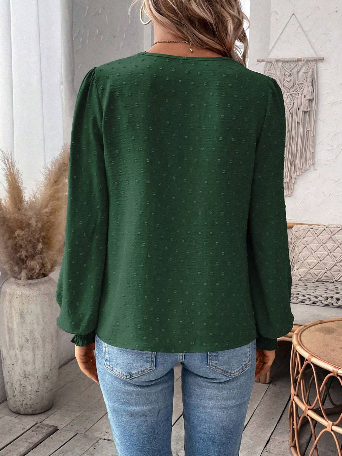 Swiss Dot Lace Detail Notched Long Sleeve Blouse - Classique Collection