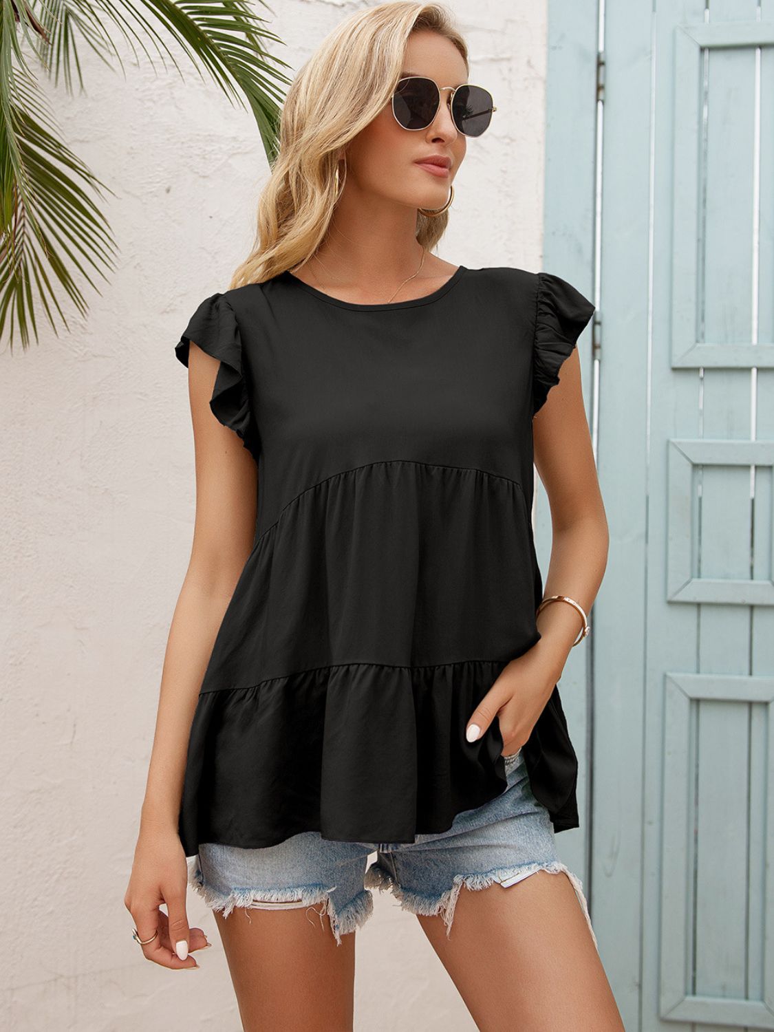 Ivy Lane Round Neck Flutter Sleeve Tiered Blouse - ClassiQ