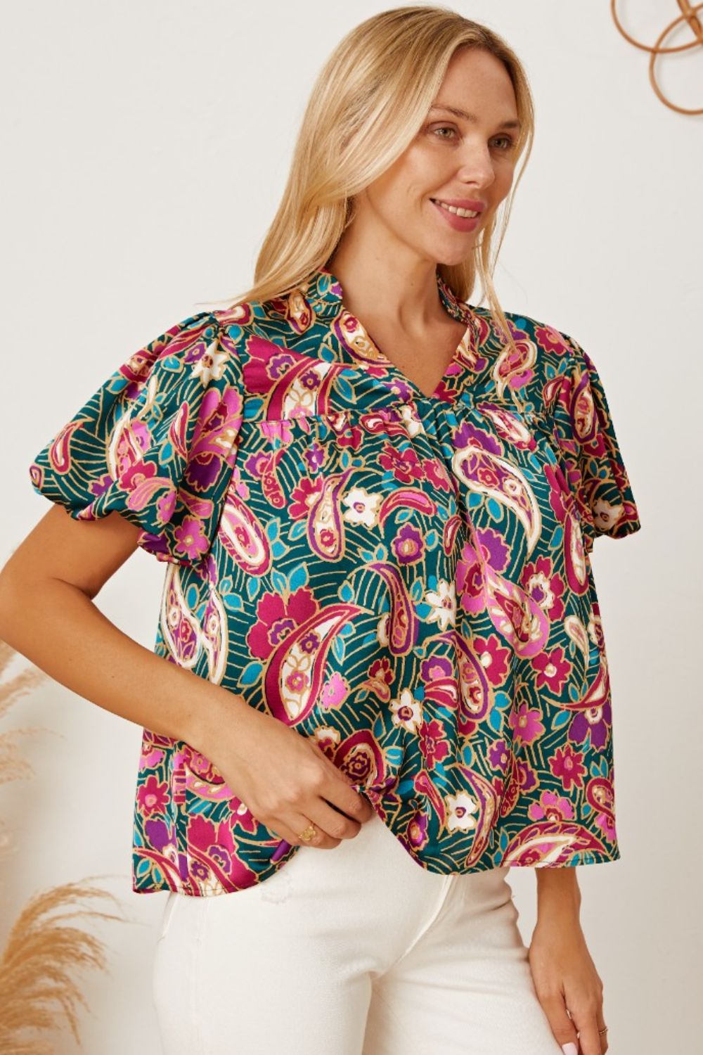 Floral Collared Neck Short Sleeve Blouse - Classique Collection