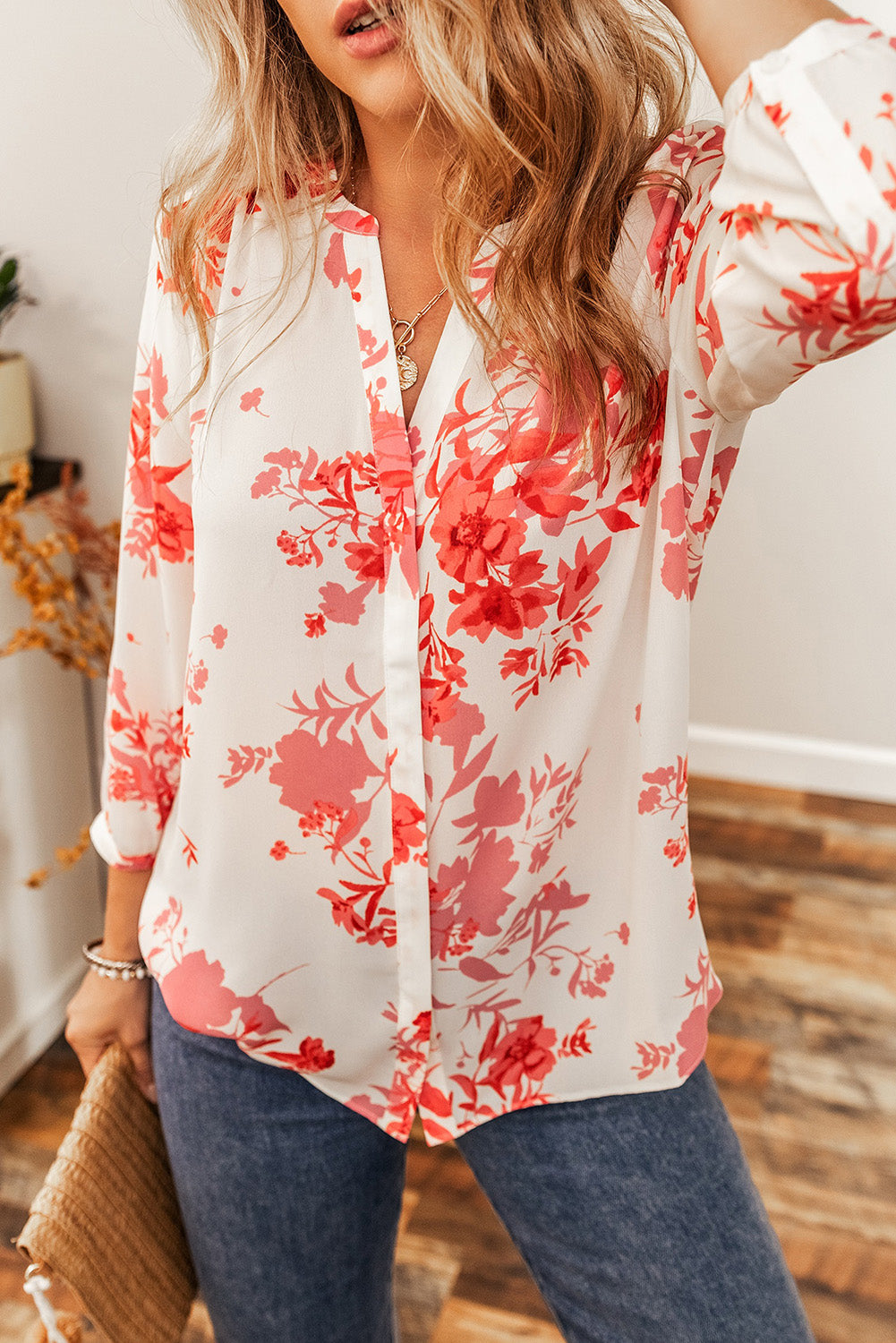 Floral Notched Long Sleeve Blouse - Classique Collection