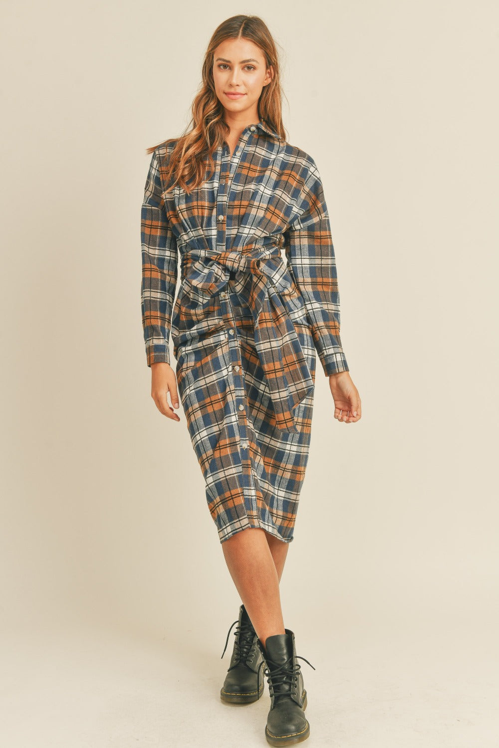 Mable Plaid Flannel Front Tie Button Down Shirt Dress - Classique Collection
