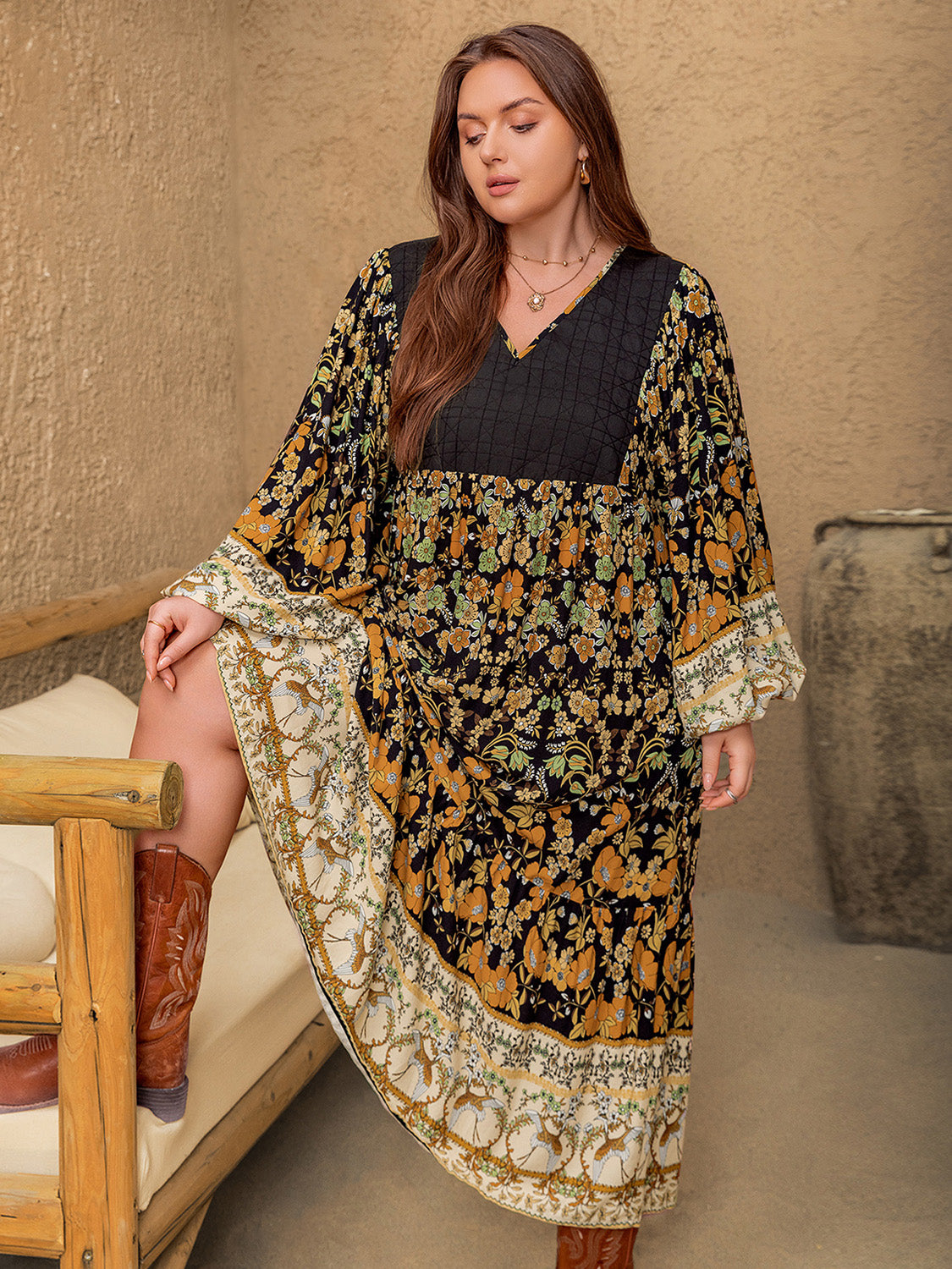 Plus Size Floral V-Neck Balloon Sleeve Midi Dress - Classique Collection