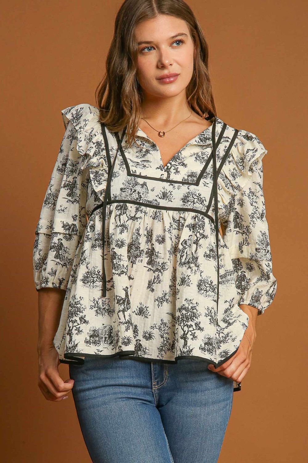 Umgee Ruffled Tie Neck Puff Sleeve Babydoll Blouse - Classique Collection
