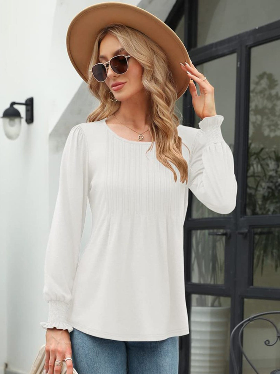 Smocked Round Neck Lantern Sleeve Blouse - Classique Collection