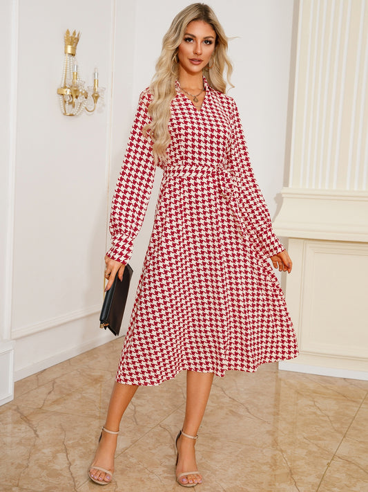 Tied Houndstooth Long Sleeve Midi Dress - Classique Collection