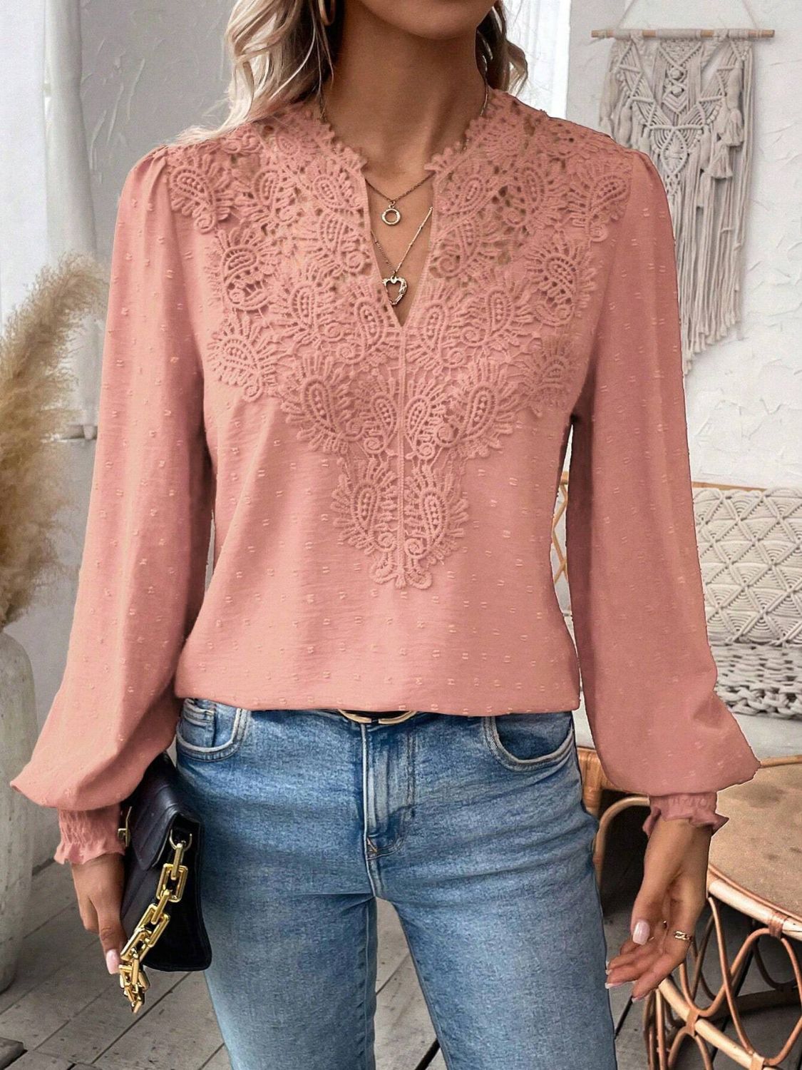 Swiss Dot Lace Detail Notched Long Sleeve Blouse - Classique Collection