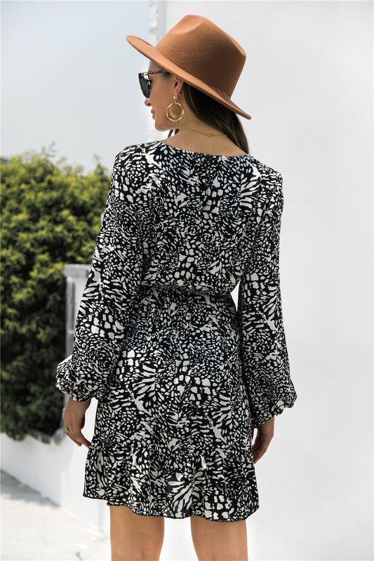 Animal Print Round Neck Balloon Sleeve Mini Dress - Classique Collection