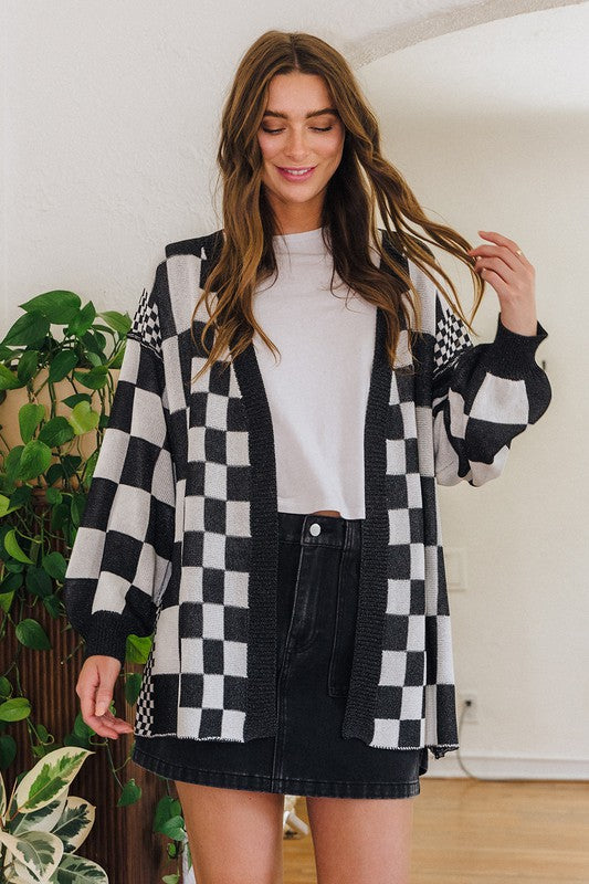 Annie Wear Checkered Open Front Drop Shoulder Cardigan - ClassiQ