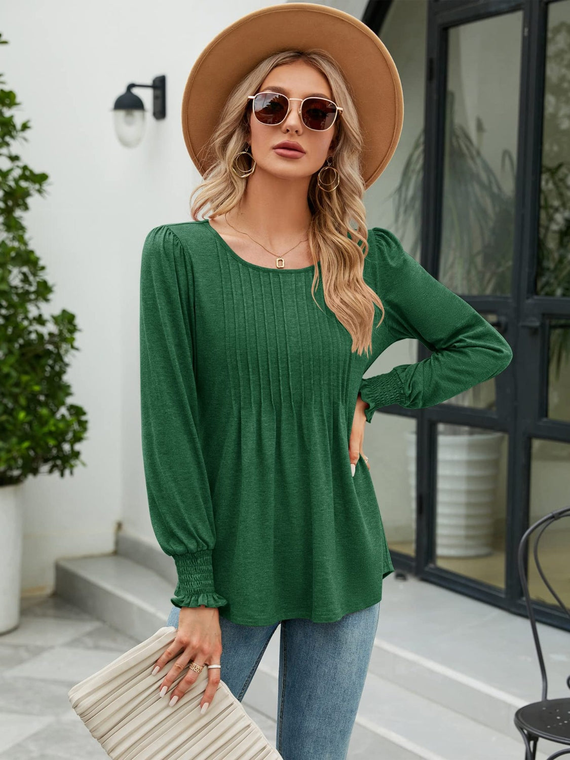 Smocked Round Neck Lantern Sleeve Blouse - Classique Collection
