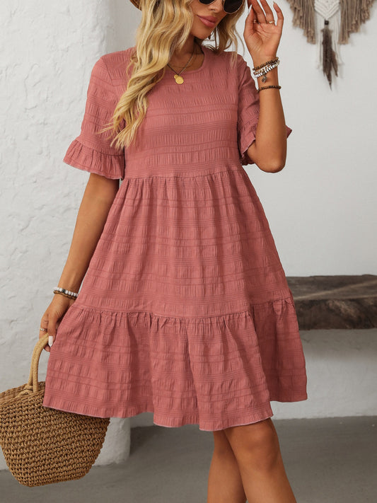 Mandy Ruffled Ruched Round Neck Half Sleeve Dress - Classique Collection