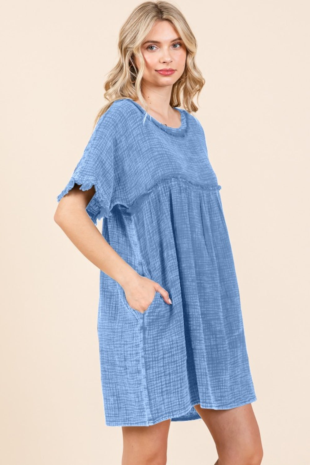 Culture Code Full Size Short Sleeve Babydoll Texture Dress with Pockets - Classique Collection