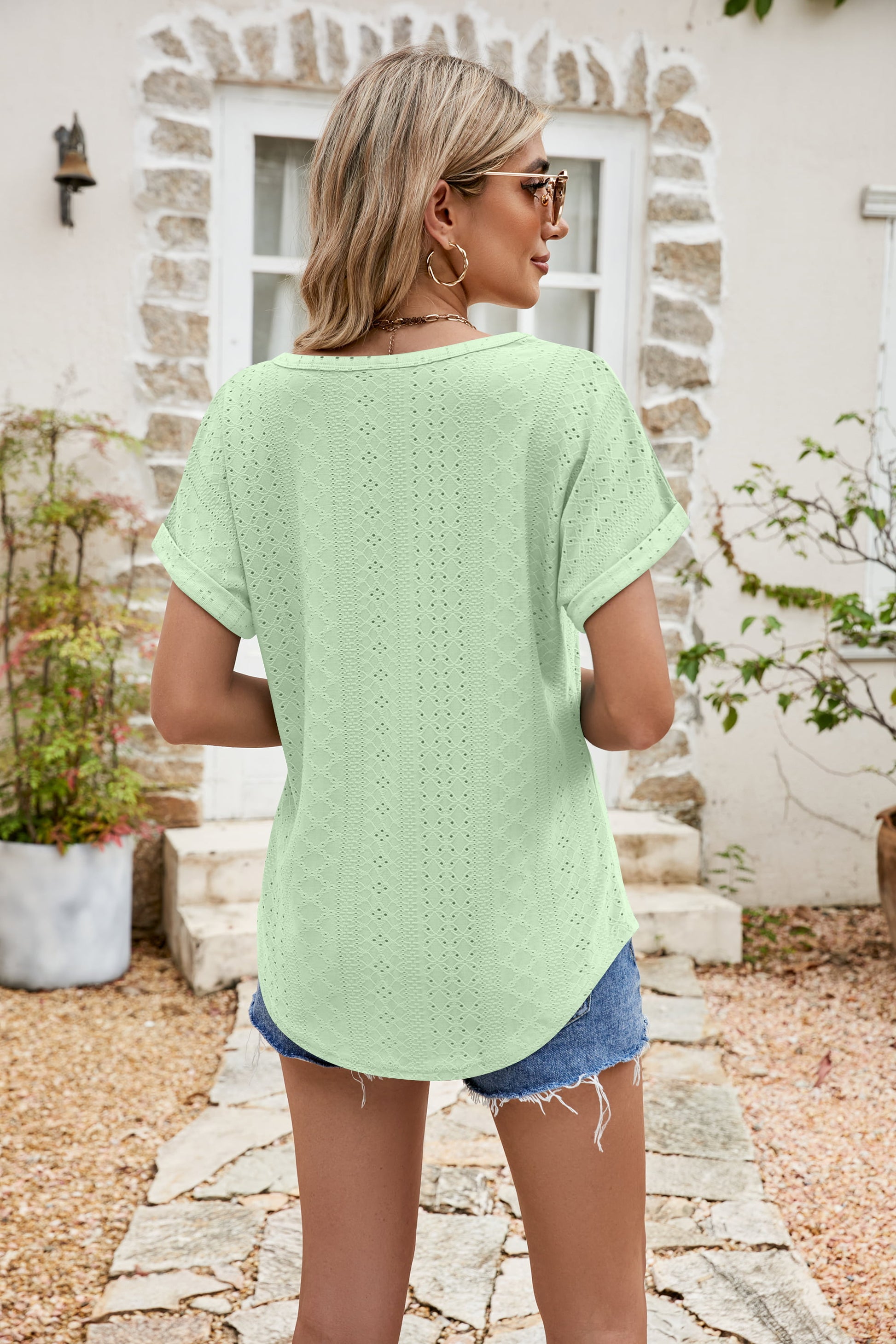 Full Size Round Neck Eyelet Short Sleeve Top - Classique Collection
