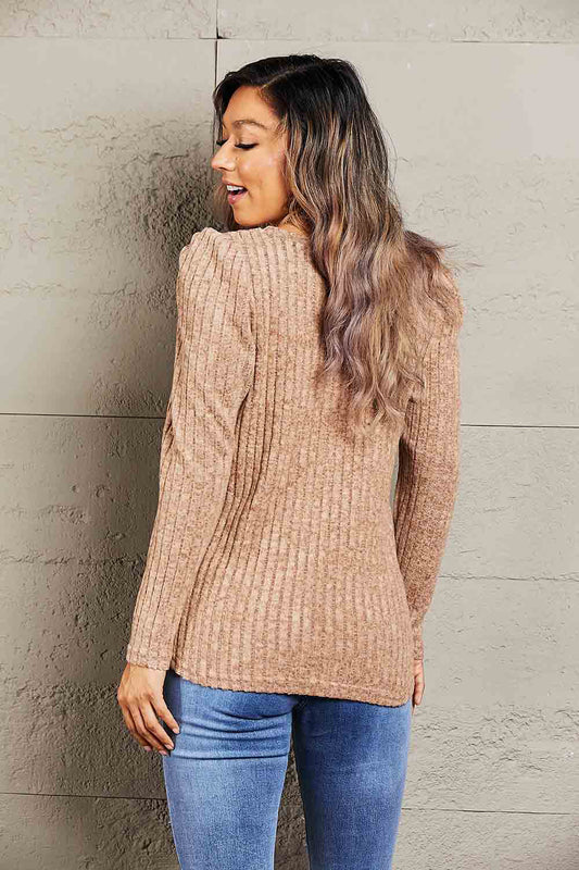 Mandy Round Neck Puff Sleeve Ribbed Top - Classique Collection