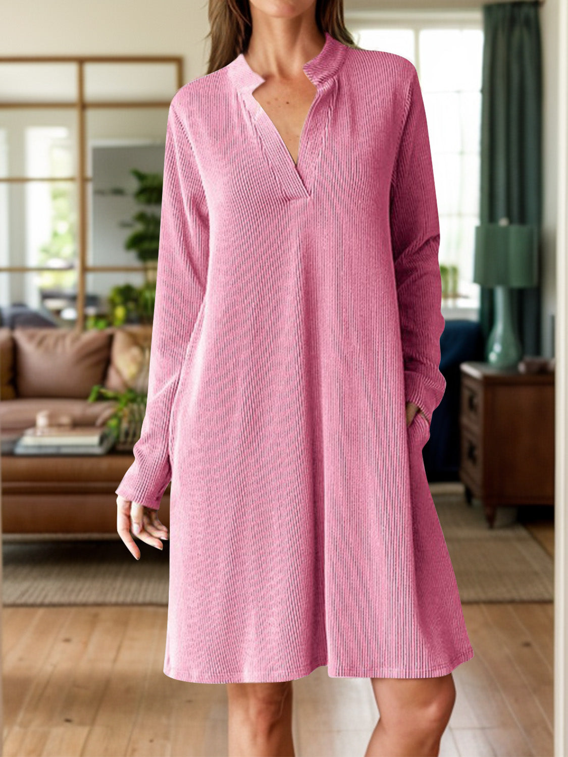 Notched Long Sleeve Mini Dress with Pockets - Classique Collection