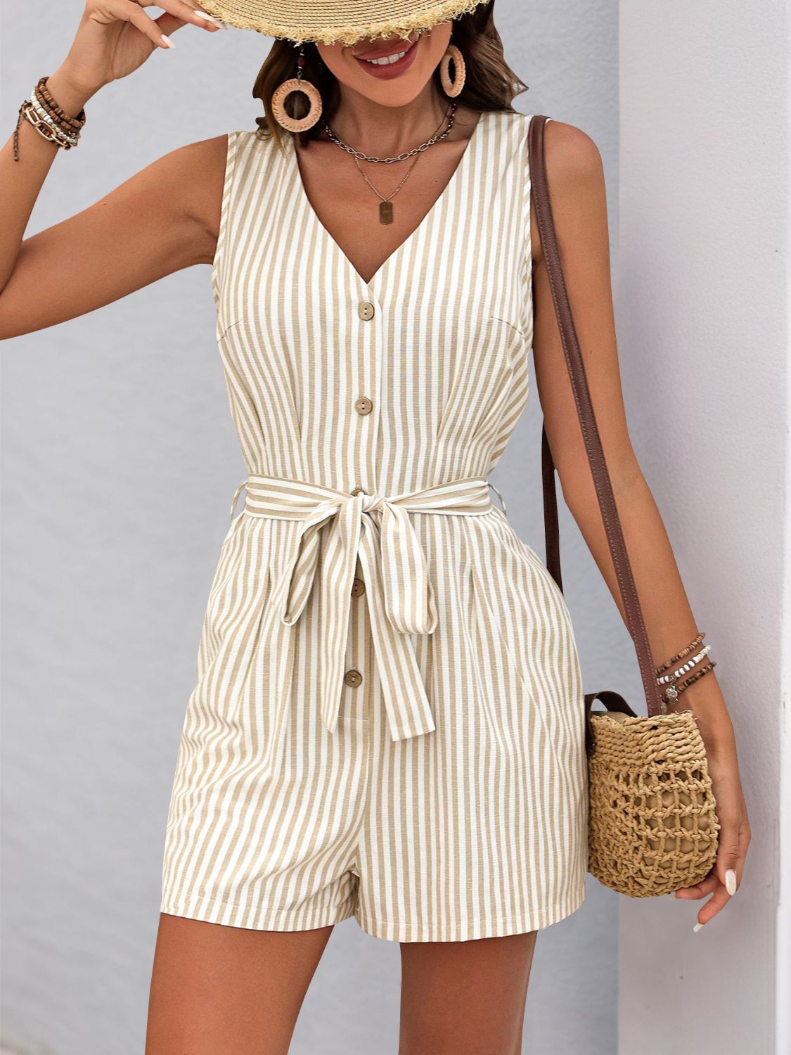 Perfee Striped V-Neck Tie Waist Romper - ClassiQ