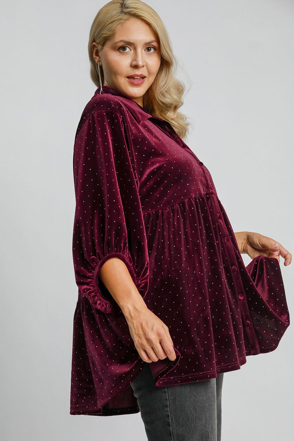 Umgee Full Size Polka Dot Button Up Half Sleeve Shirt - Classique Collection