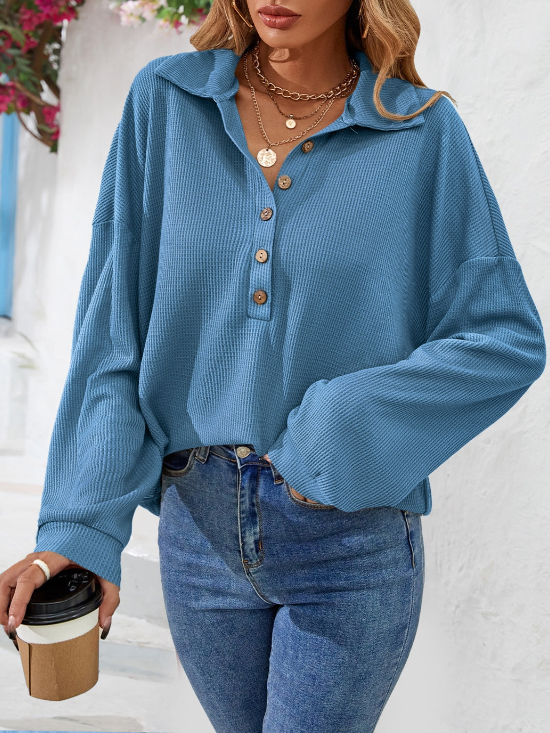 Half Button Collared Neck Long Sleeve Top - Classique Collection