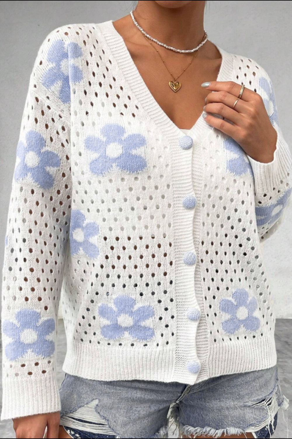 Flower Hollowed Out Button Down Long Sleeve Cardigan - Classique Collection