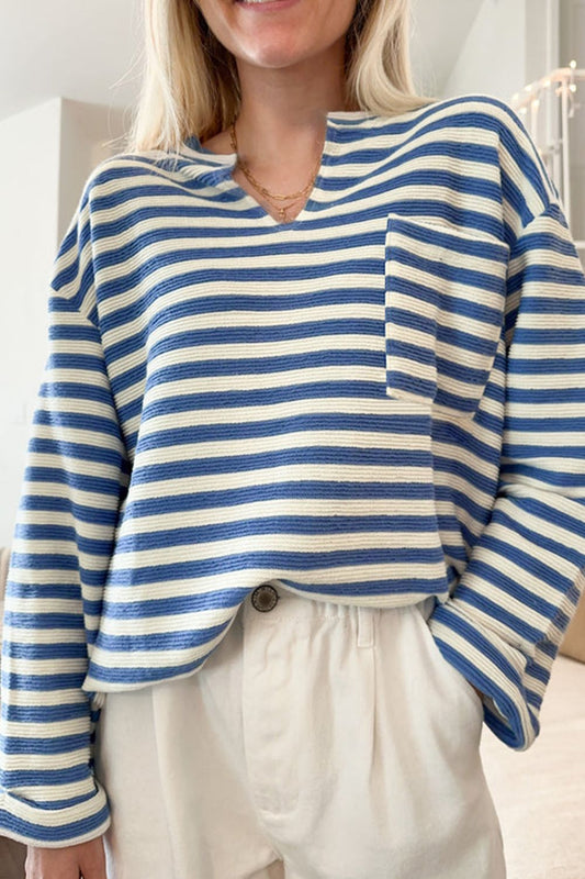 Stripe Chest Pocket Notched Top - Classique Collection
