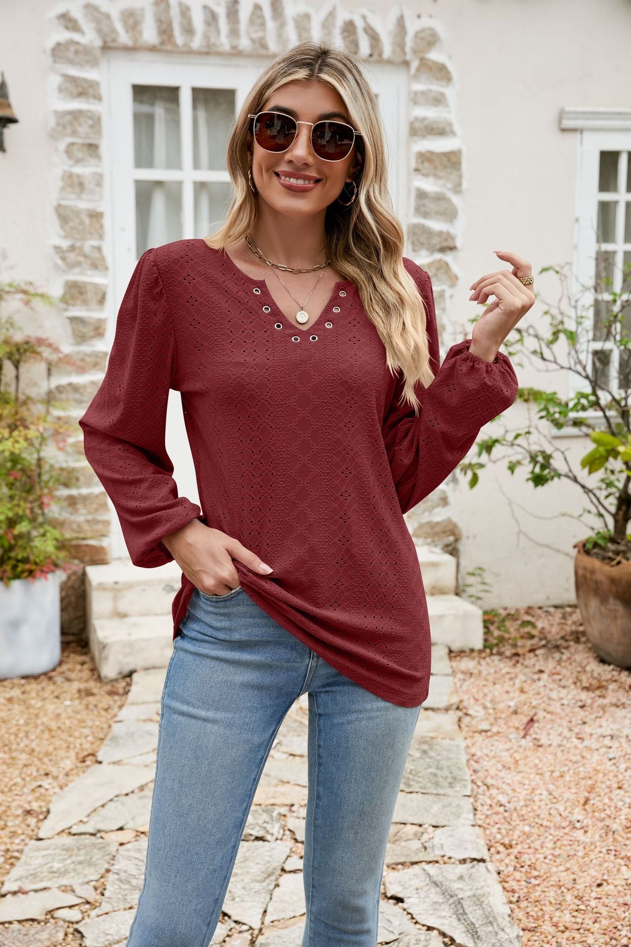 Eyelet Notched Neck Balloon Sleeve Blouse - Classique Collection