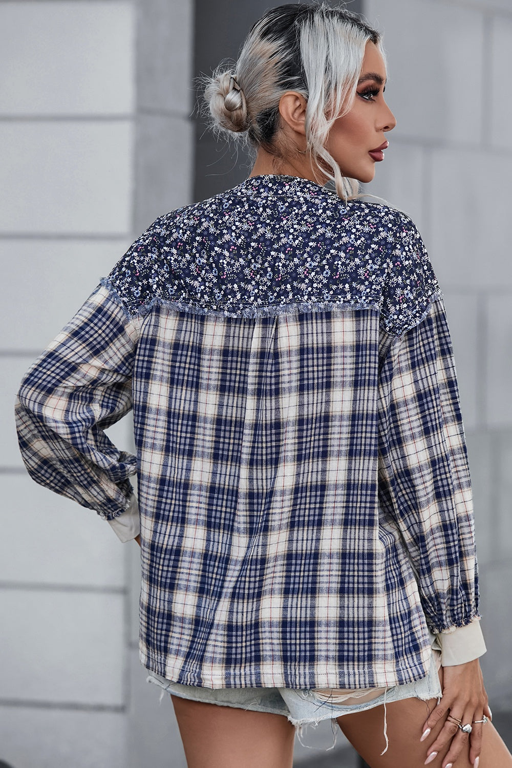Plaid Notched Neck Slit Blouse - Classique Collection