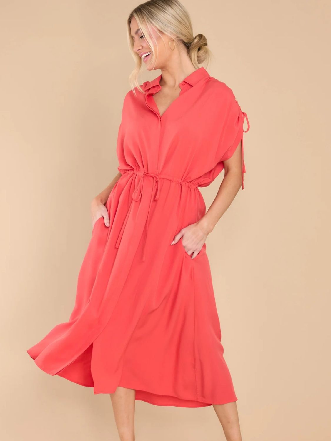 Drawstring Collared Neck Short Sleeve Midi Dress - Classique Collection