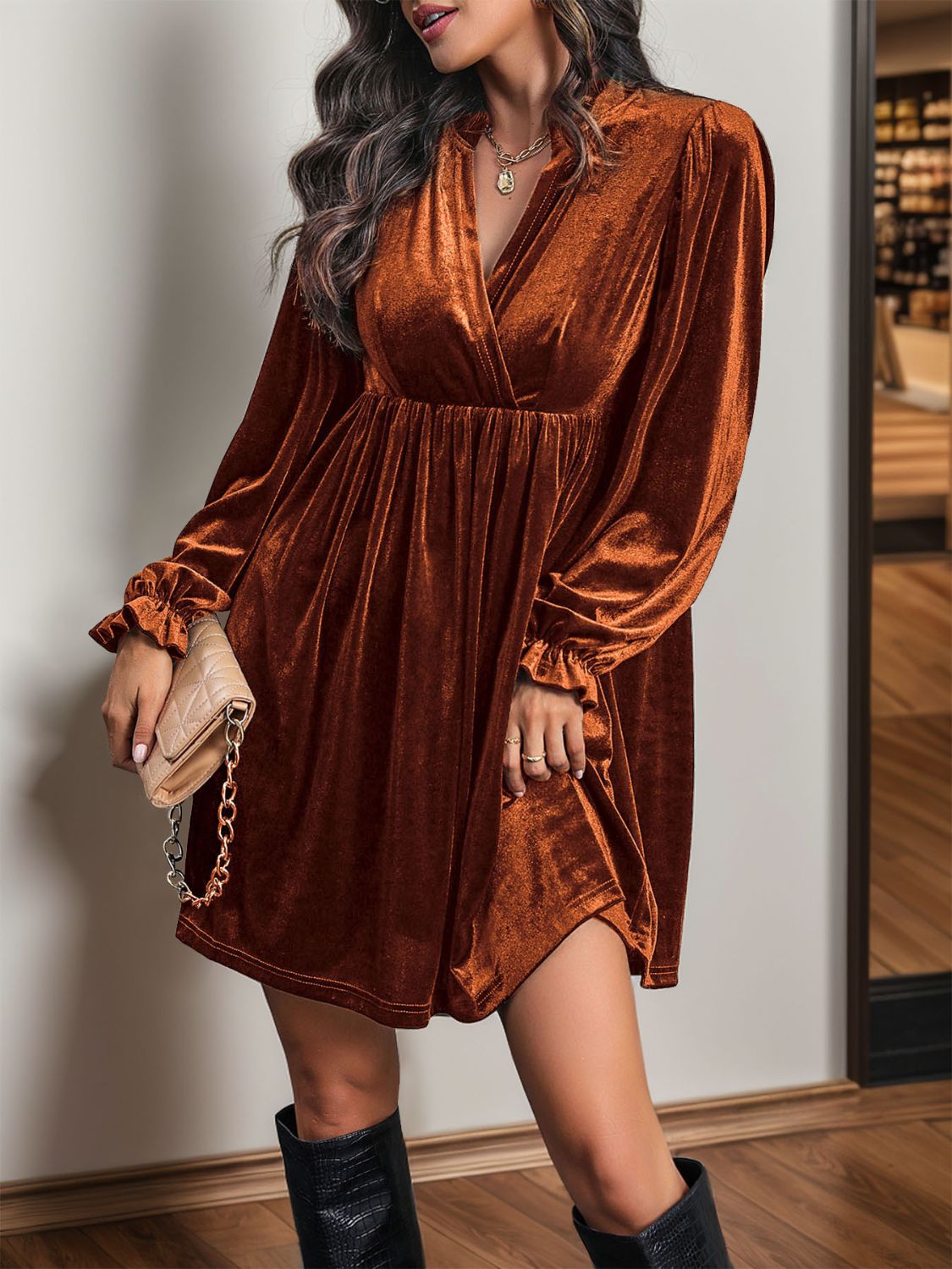 Perfee Ruched Surplice Long Sleeve Mini Dress - Classique Collection