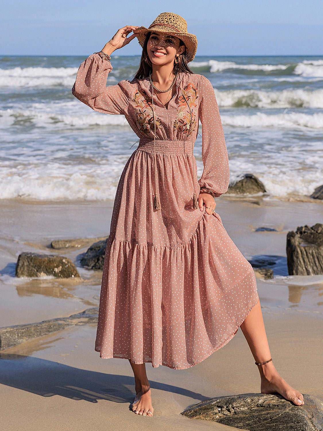 Embroidered Polka Dot Tie Neck Long Sleeve Midi Dress - Classique Collection
