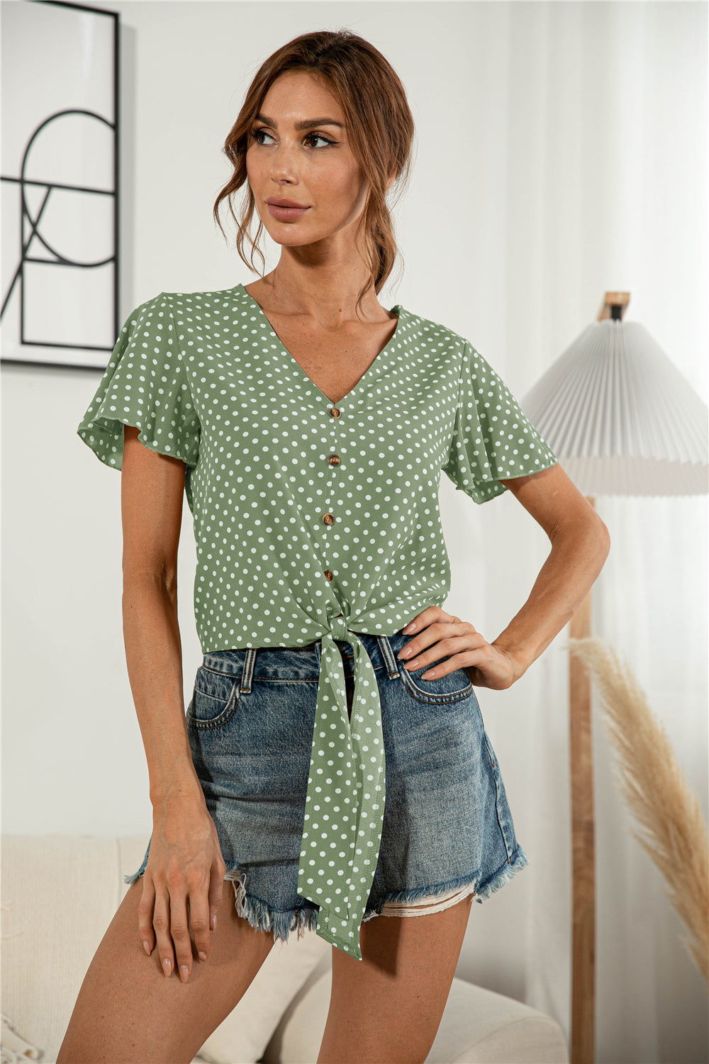 Decorative Button V-Neck Tied Blouse - ClassiQ