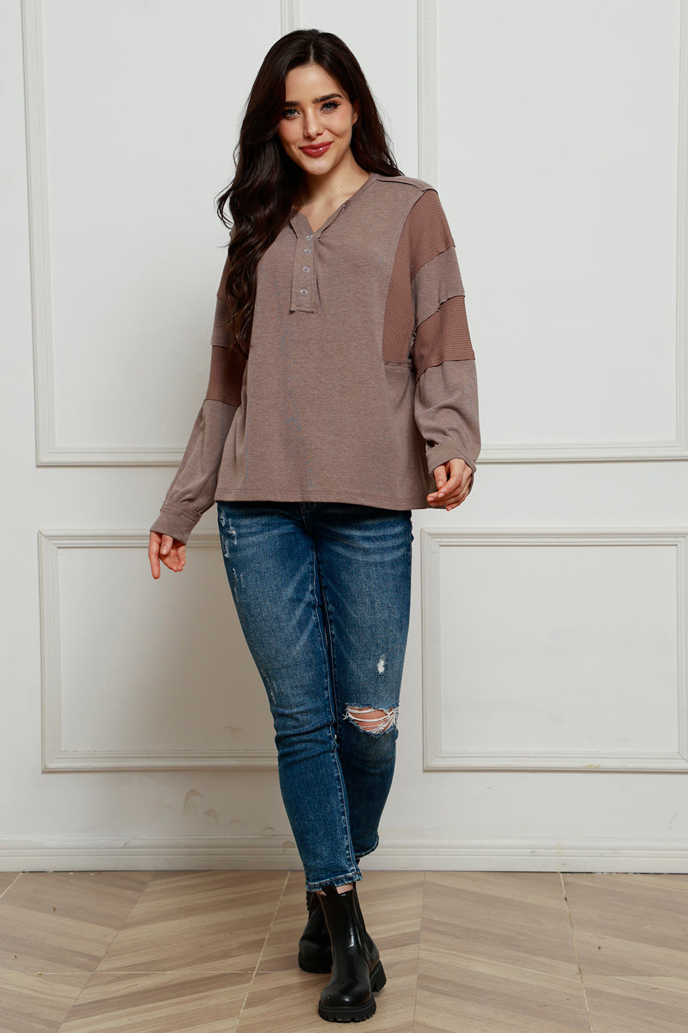 Waffle Buttoned Long Sleeve Top - Classique Collection