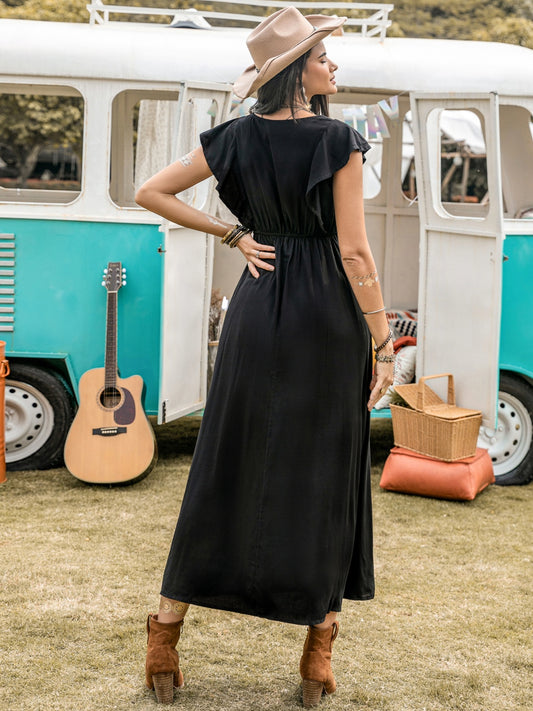 Lace Detail Plunge Cap Sleeve Midi Dress - Classique Collection