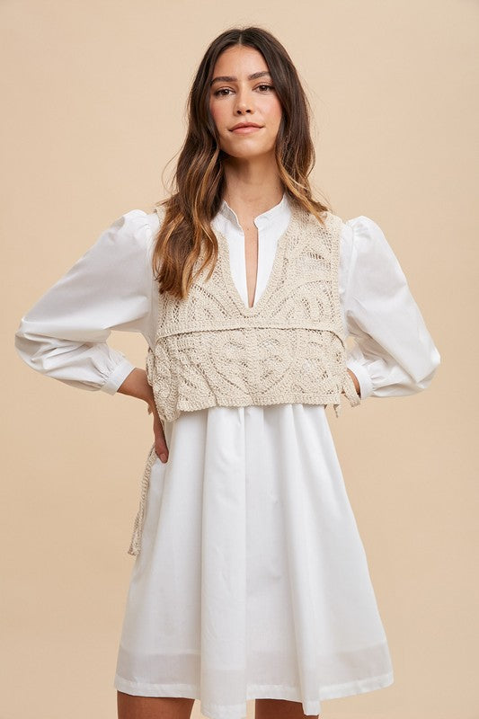 Annie Wear Crochet Vest Notched Long Sleeve Shirt Dress - ClassiQ