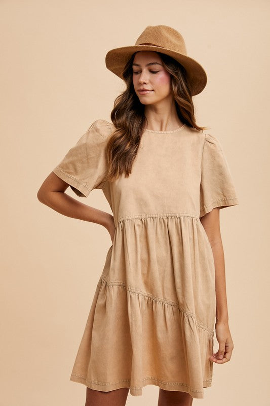 Annie Wear Mineral Washed Round Neck Short Sleeve Denim Dress - ClassiQ