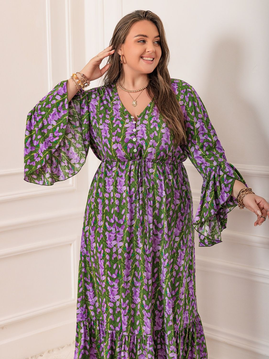 Plus Size Printed V-Neck Long Sleeve Maxi Dress - Classique Collection