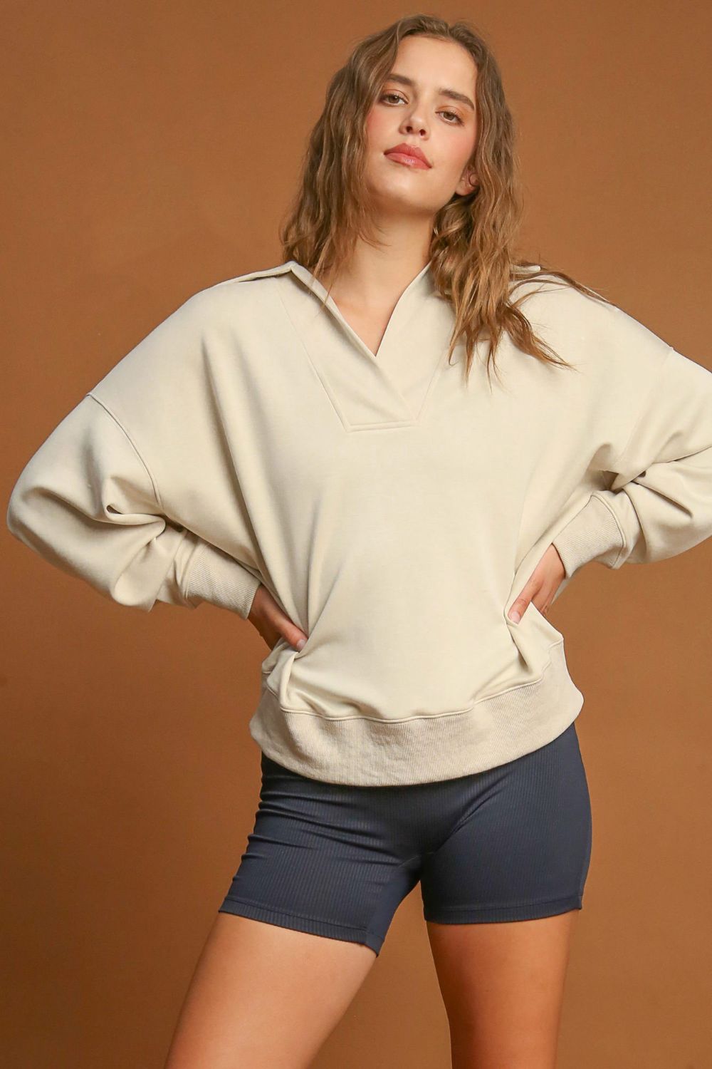 Umgee Johnny Collar Dropped Shoulder Sweatshirt - Classique Collection