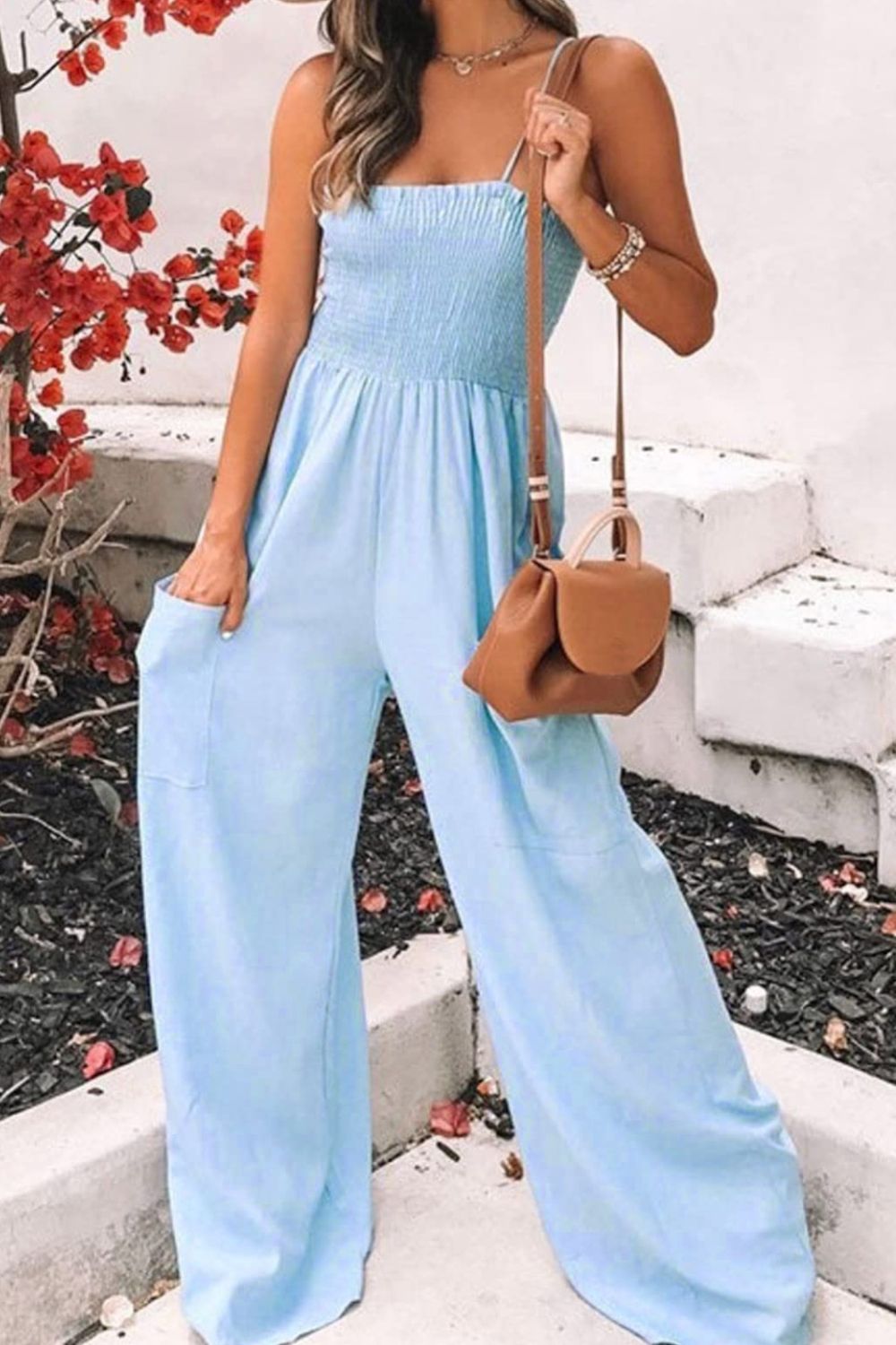 Smocked Spaghetti Strap Wide Leg Jumpsuit - ClassiQ