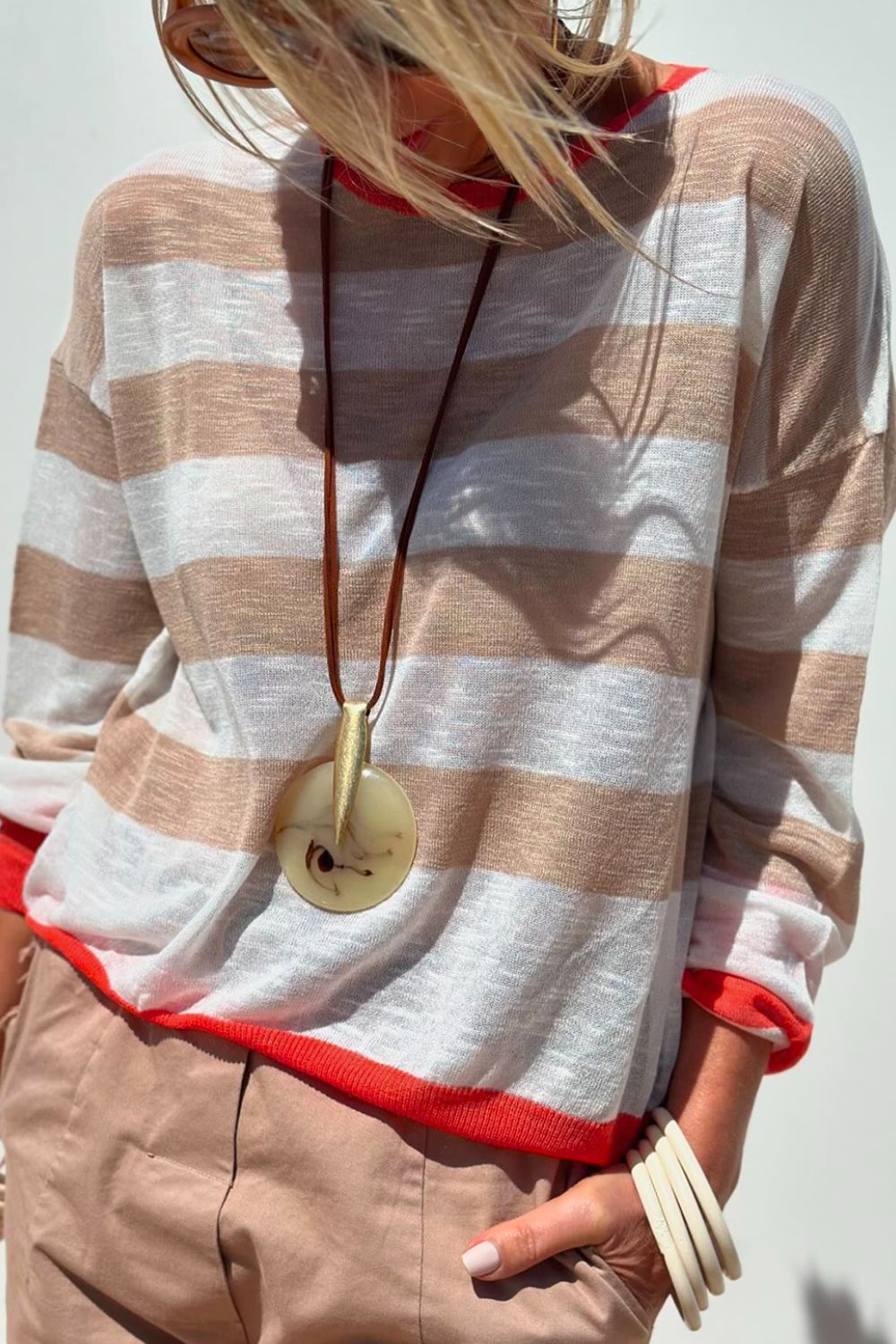 Contrast Striped Round Neck Drop Shoulder Knit Top - Classique Collection