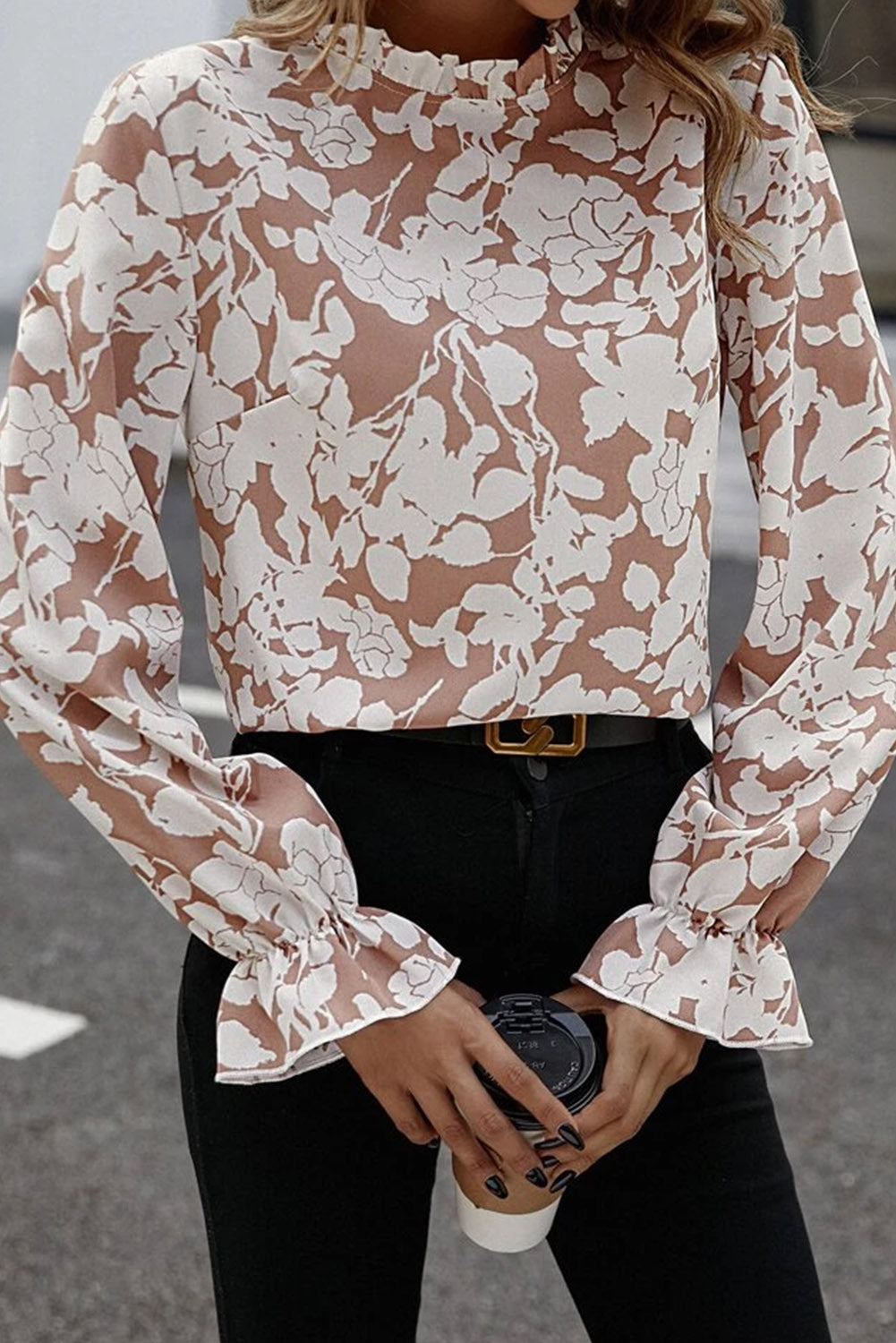 Floral Print Mock Neck Flounce Sleeve Blouse - Classique Collection