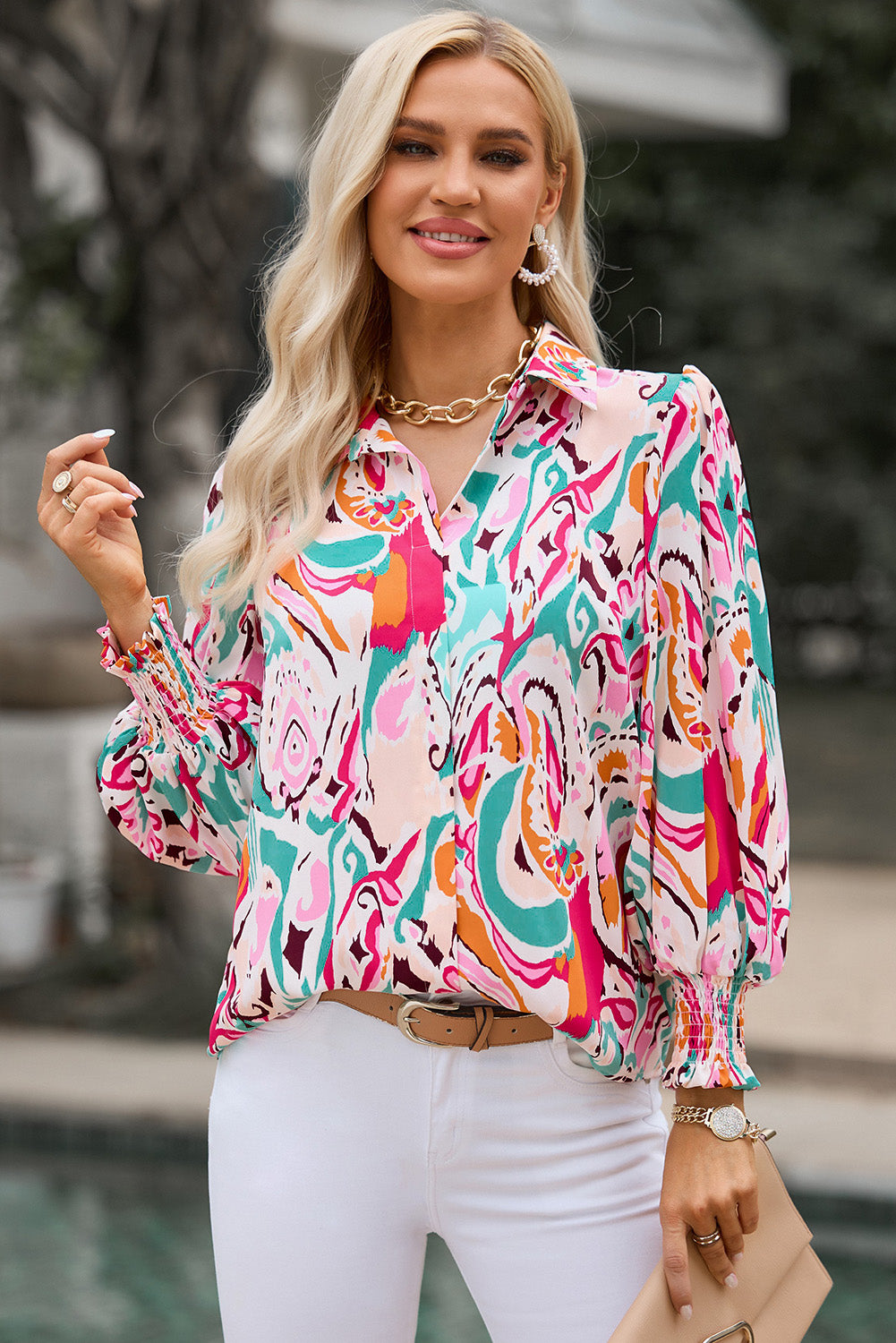Printed Puff Sleeve Collared Blouse - ClassiQ