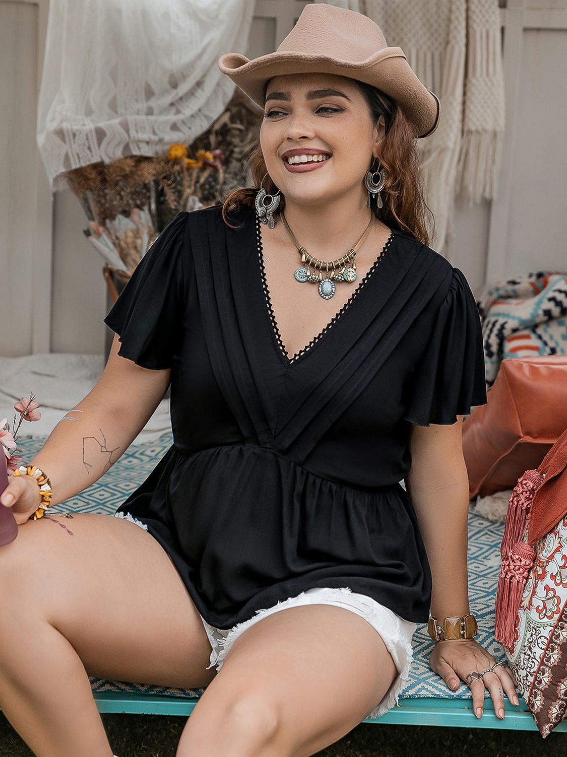 Plus Size V-Neck Flutter Sleeve Blouse - Classique Collection