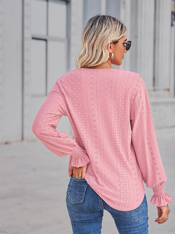 V-Neck Eyelet Flounce Sleeve Blouse - Classique Collection