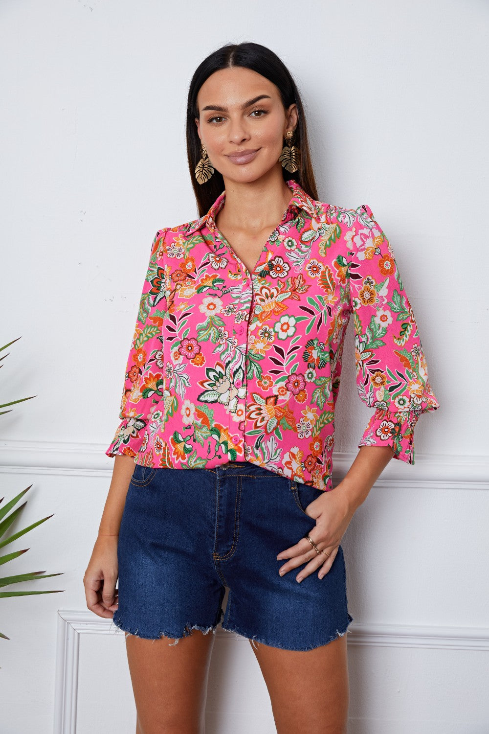 Floral Button Up Flounce Sleeve Shirt - Classique Collection