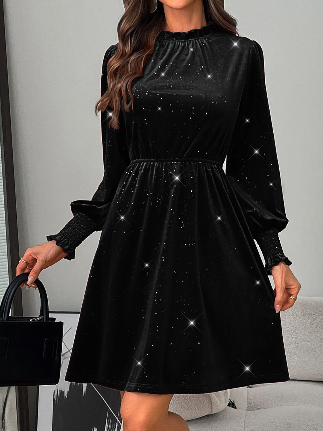 Glitter Mock Neck Long Sleeve Mini Dress - Classique Collection