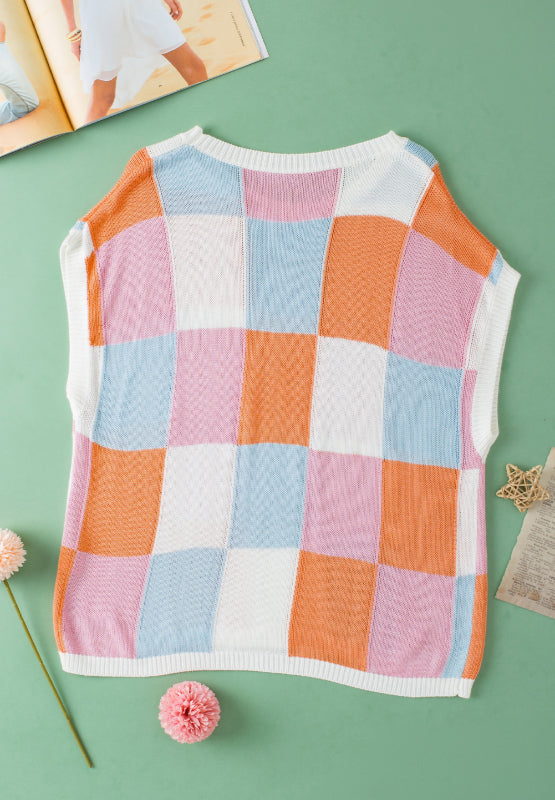 Contrast Plaid Round Neck Cap Sleeve Sweater - ClassiQ
