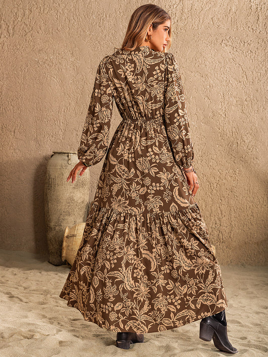 Ruched Printed Notched Long Sleeve Maxi Dress - Classique Collection
