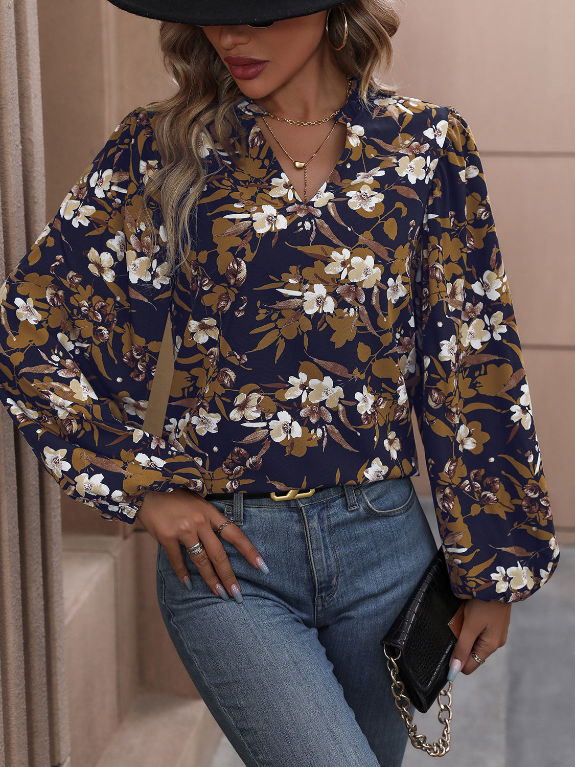 Perfee Floral Notched Balloon Sleeve Blouse - Classique Collection
