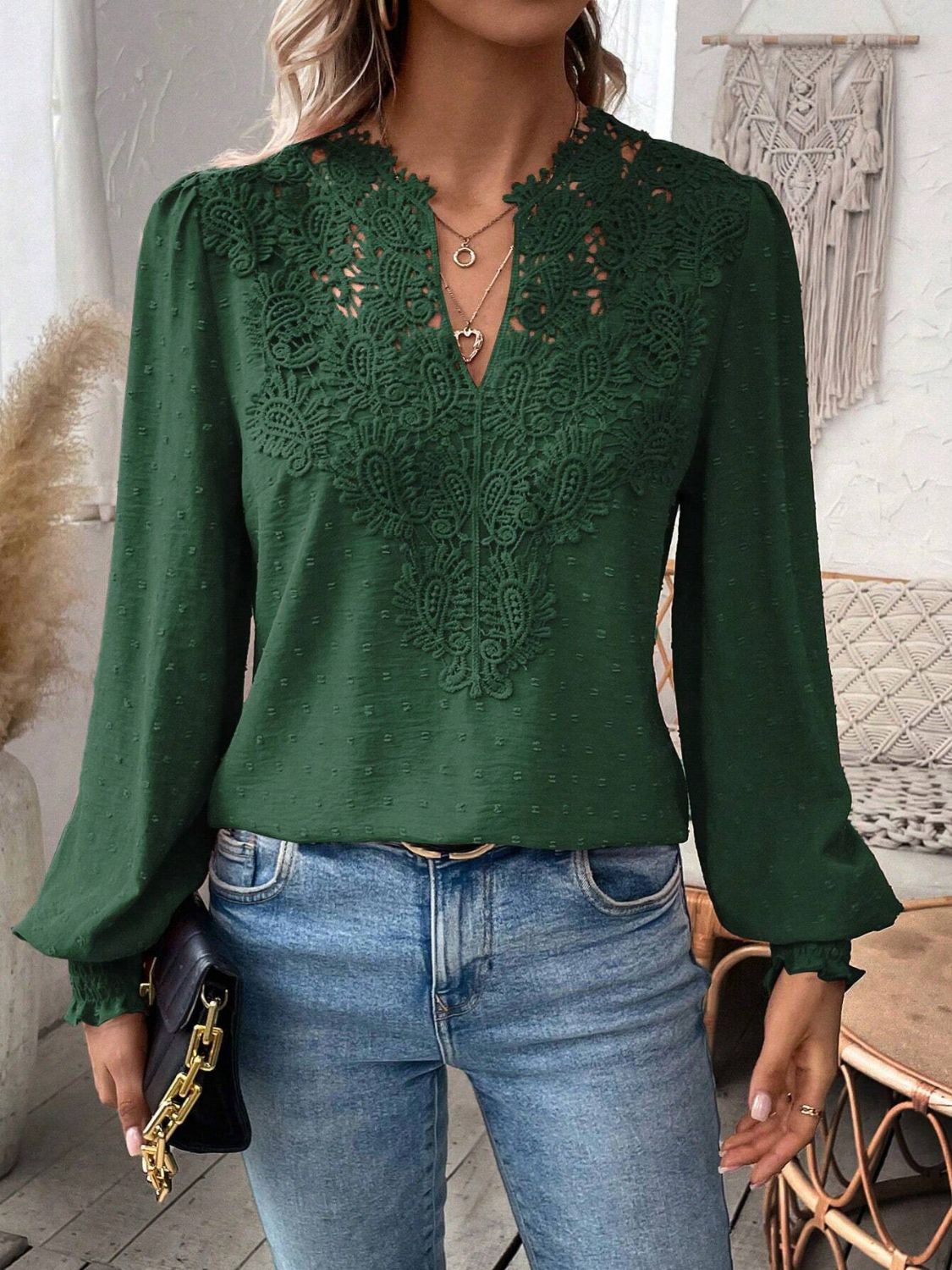 Swiss Dot Lace Detail Notched Long Sleeve Blouse - Classique Collection