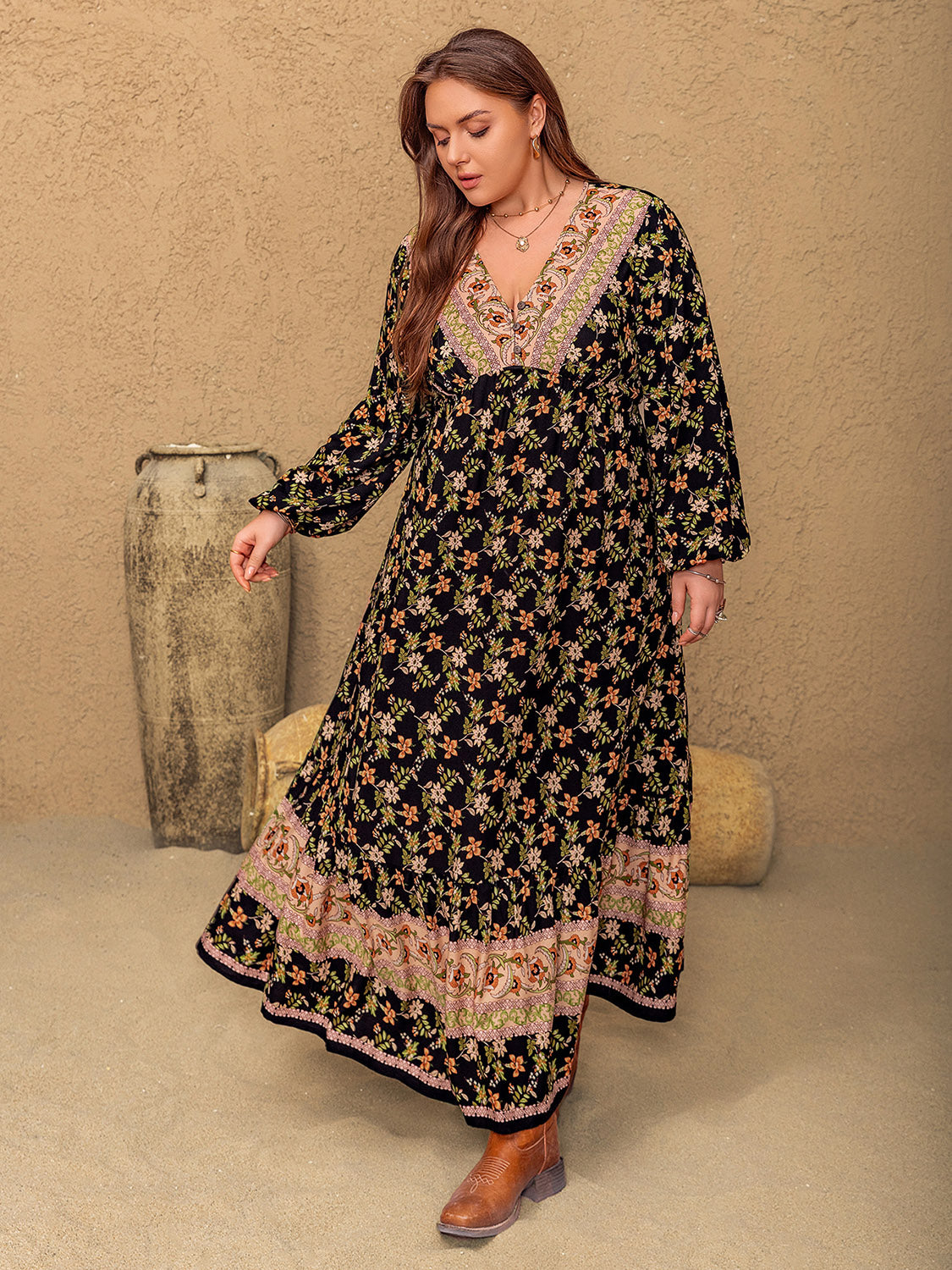 Plus Size Floral V-Neck Balloon Sleeve Dress - Classique Collection
