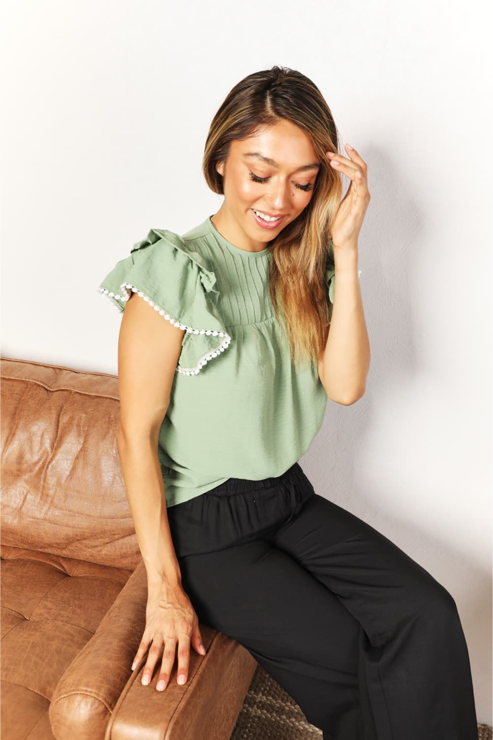Perfee Pleated Detail Flutter Sleeve Blouse - ClassiQ